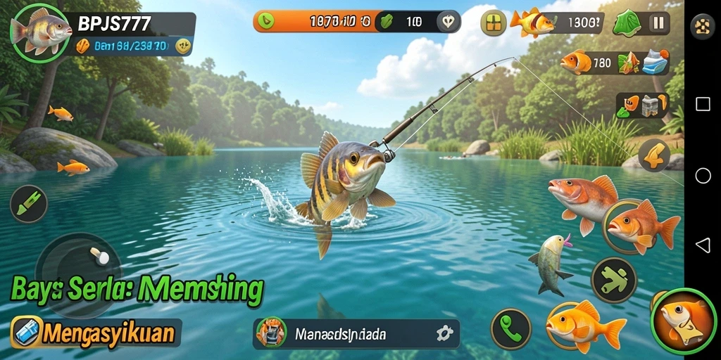 Tampilan gameplay utama BPJS777 yang menampilkan aktivitas memancing.