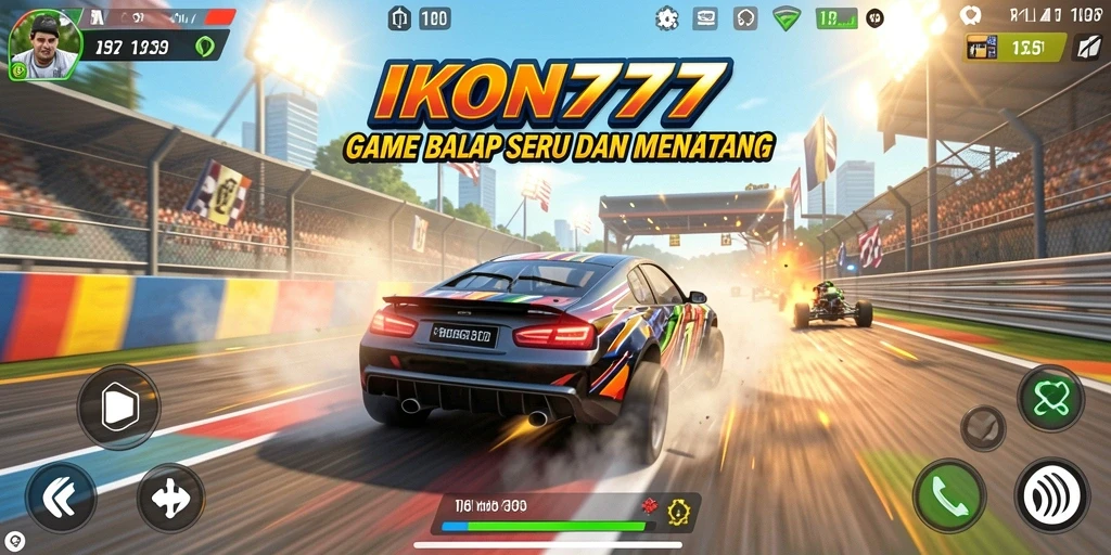 Tampilan gameplay balapan yang menegangkan dan penuh aksi di IKON777.