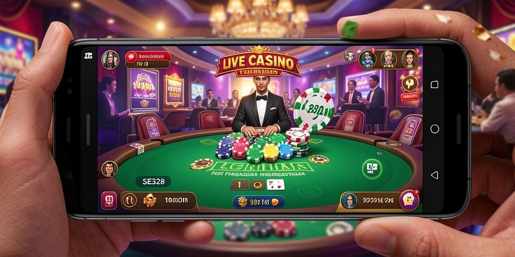 Screenshot gameplay SE328 menampilkan dealer langsung dan suasana kasino yang menyerupai aslinya.